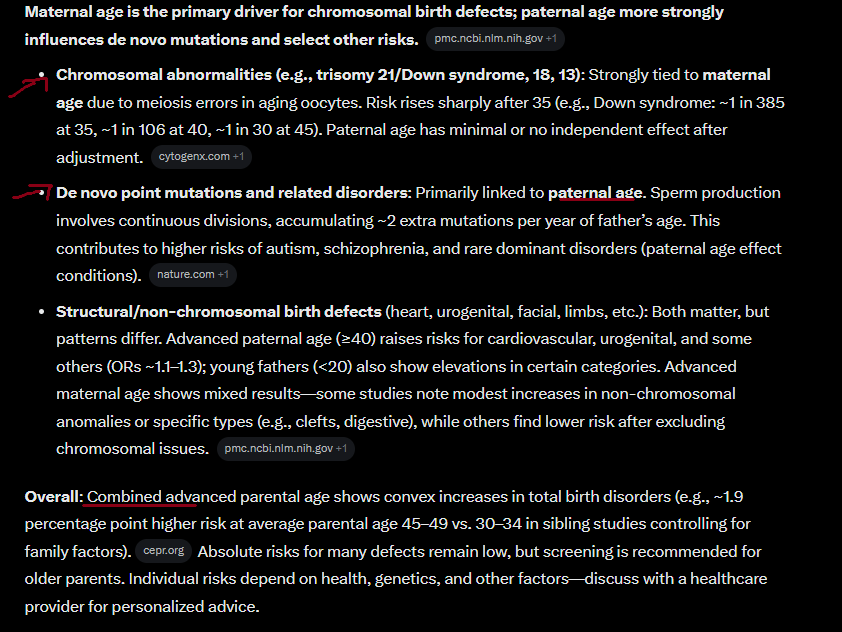 MiSalsaVerde's tweet photo. @EditorGrate @DaizyZeeX Yes. Both produce mutations. I'm not saying that maternal age isn't relevant. It is, very much so, JUST LIKE paternal age.
The initial tweet shows how men also have an appropriate age to reproduce. 

It's not contradictory; with your tweet you were ruling out de novo mutations. https://t.co/IFoWv7hqyJ
