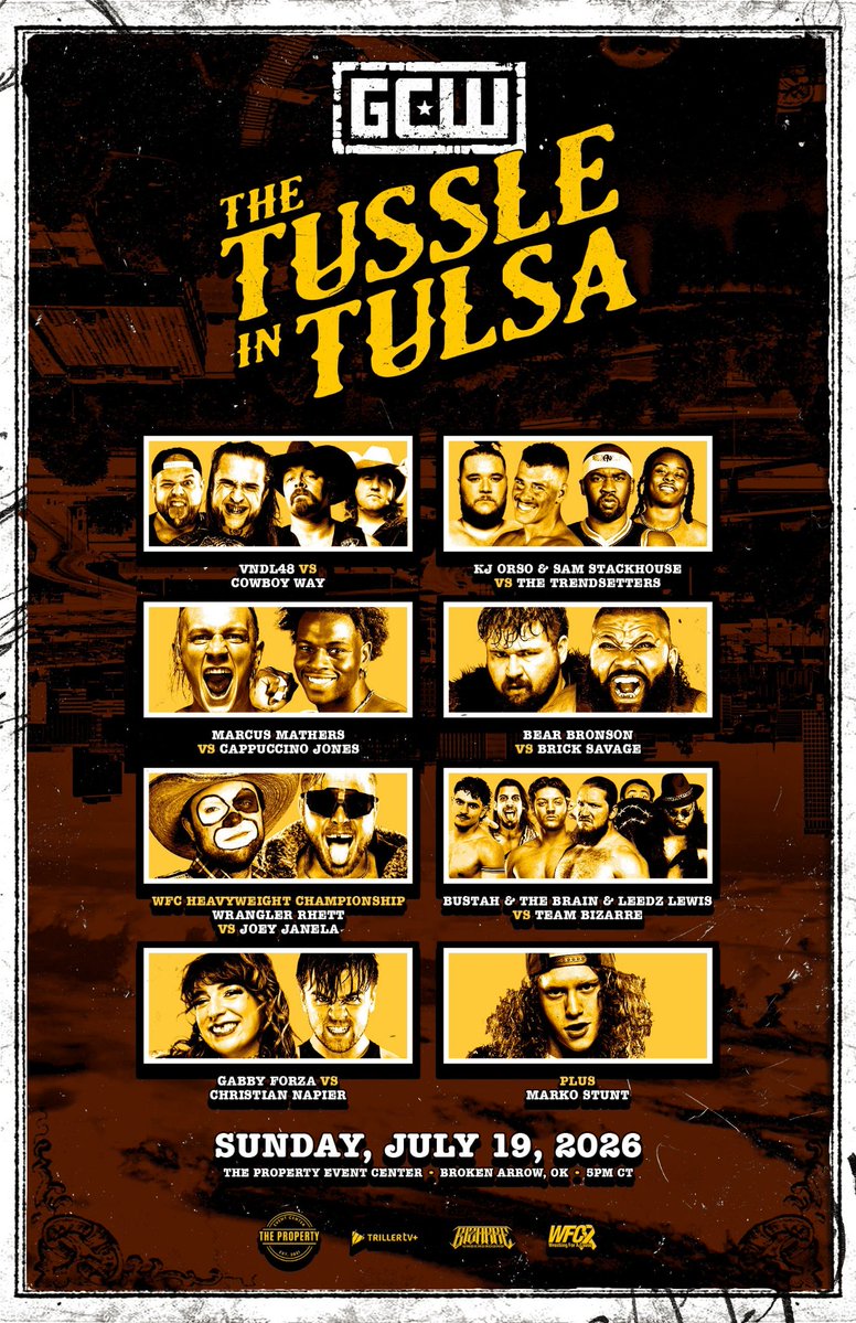 GCWrestling_'s tweet photo. *THIS SUNDAY*

GCW comes to TULSA for the first time for #GCWTussle!

Vndl48 vs Cowboy Way
KJ/Stackhouse vs Trendsetters
Bustah/Brain/Leedz vs Team Bizarre
Janela v Wrangler
Gabby v Napier
Mathers v Capp
Brick v Bear
+more

Watch LIVE on @Triller_TV+

Tix:
https://t.co/DuiZmY4jv7 https://t.co/WRR9TpEmYC