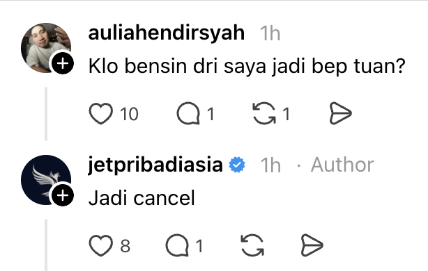 insidefolkative's tweet photo. Baru tau dari akun threads/jetpribadiasia harga-harga kalo mau sewa jet pribadi 😭😭😭😭😭 salfok sama komen-komennya juga bikin ngakak https://t.co/m5w9Yf2eVf