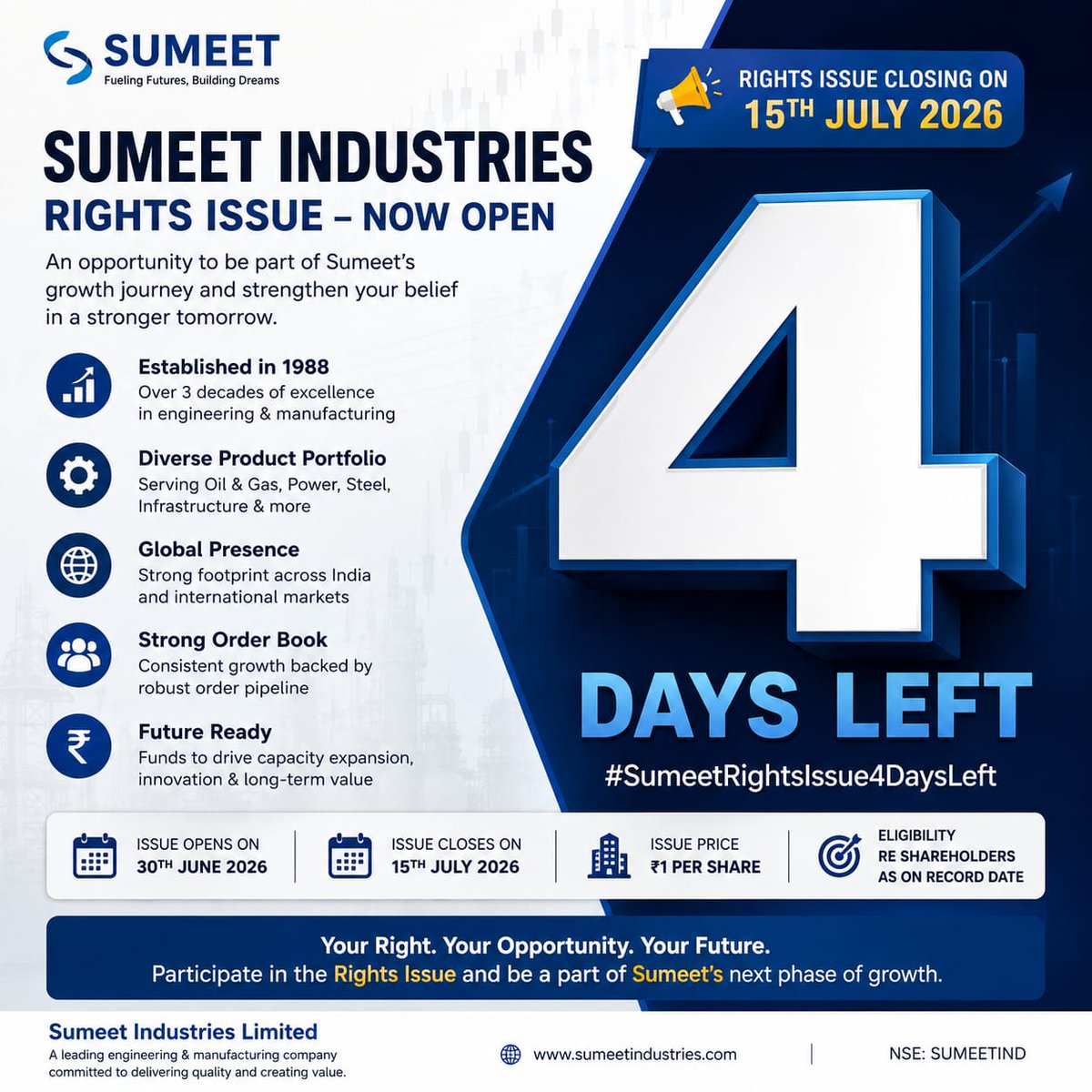 tf_rojika's tweet photo. The clock is ticking toward the closing date. Complete your participation in the Sumeet Industries Rights Issue while there's still time.

#SumeetRightsIssue4DaysLeft

Sumeet RE 4Days Left

https://t.co/VlSU17fGnV
