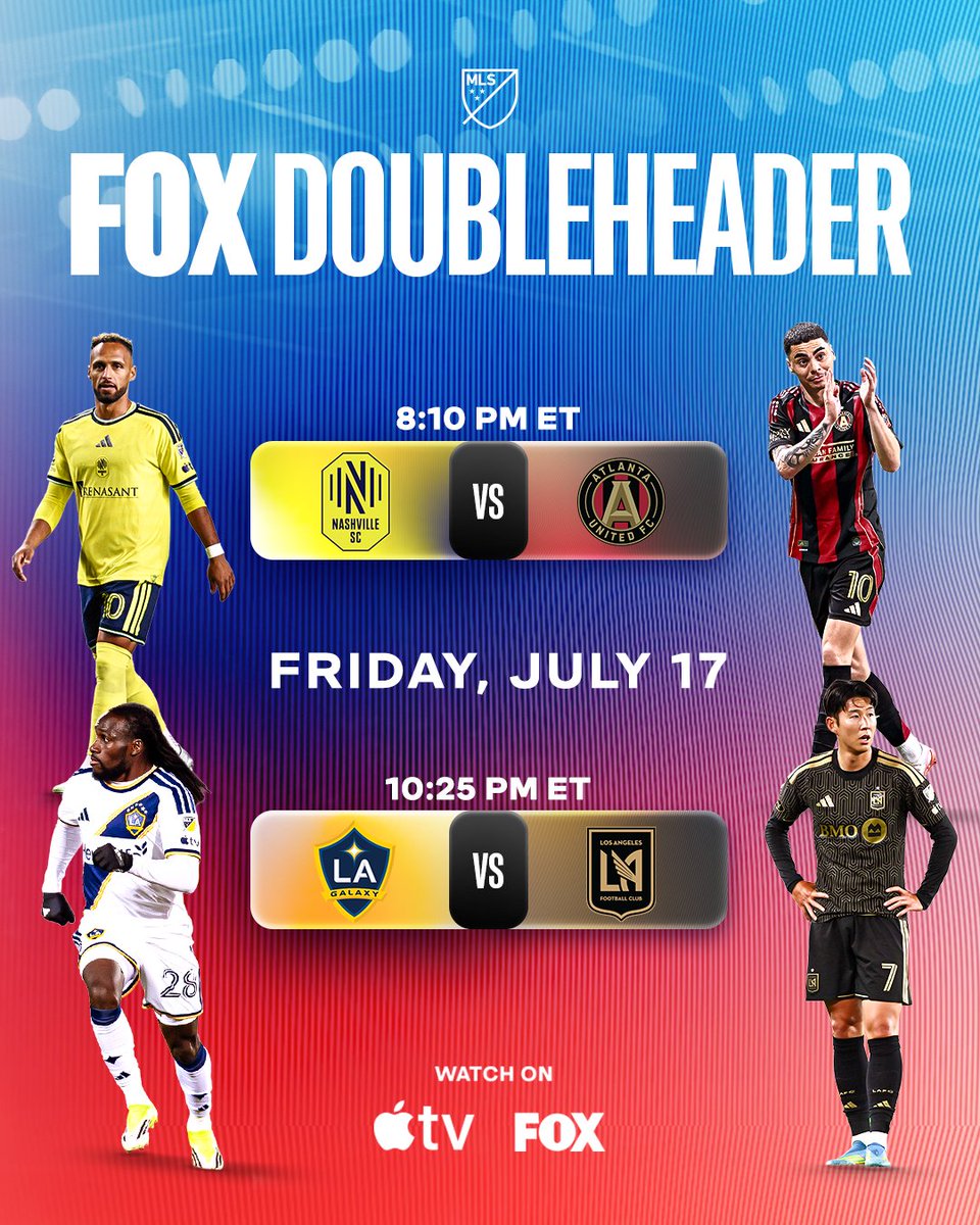 MLS's tweet photo. Friday night plans: SORTED. 🍿

Join us for a doubleheader on FOX &amp; Apple TV as @NashvilleSC host @ATLUTD &amp; @LAGalaxy face @LAFC in the latest edition of El Tráfico. https://t.co/5M9xp9nyNI