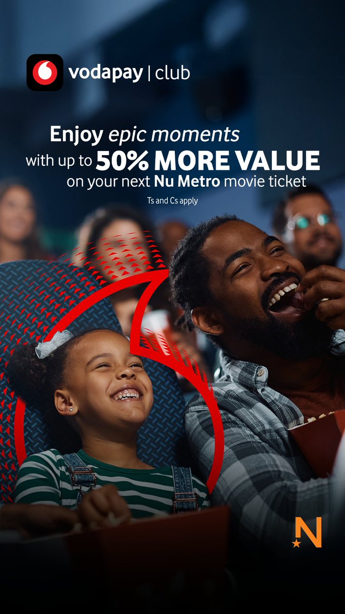VodaPay's tweet photo. The best big screen moments start before the opening scene. 🎬 Open the curtains on up to 50% more value on Nu Metro vouchers when you join #VodaPayClub for just R49 pm. Open the #VodaPay App and book your next movie experience. 👉🏽 https://t.co/G7SXmCOIyX Ts and Cs apply. https://t.co/TGNiwjg7DH