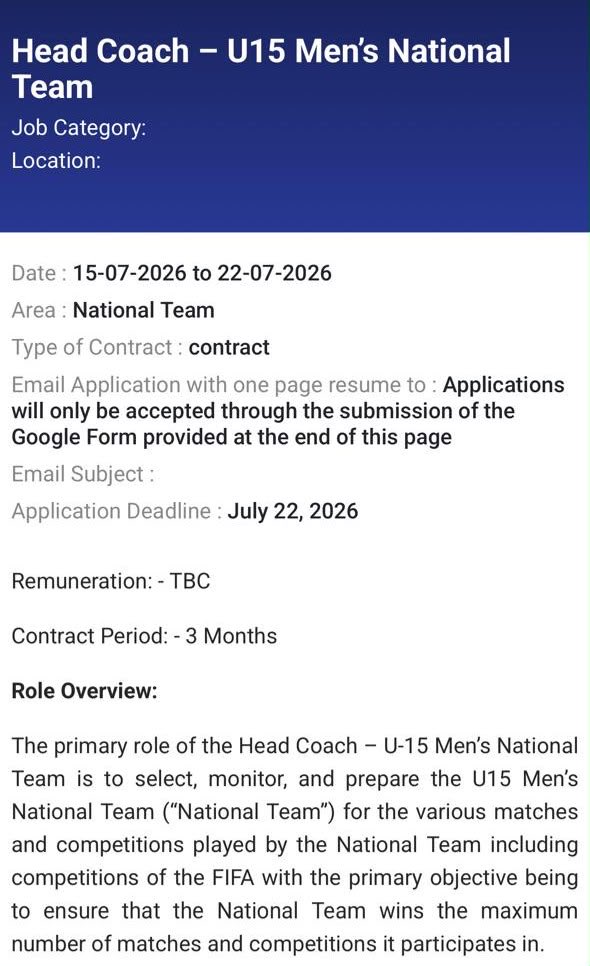 7negiashish's tweet photo. AIFF has invited applications for the position of Head Coach of the India U-15 Men’s National Team for the FIFA U-15 Festival.

As I mentioned on Inside Indian Football yesterday, if anyone is genuinely interested and meets the criteria, they should go through the proper application process instead of asking for the job in Instagram reels. #IndianFootball