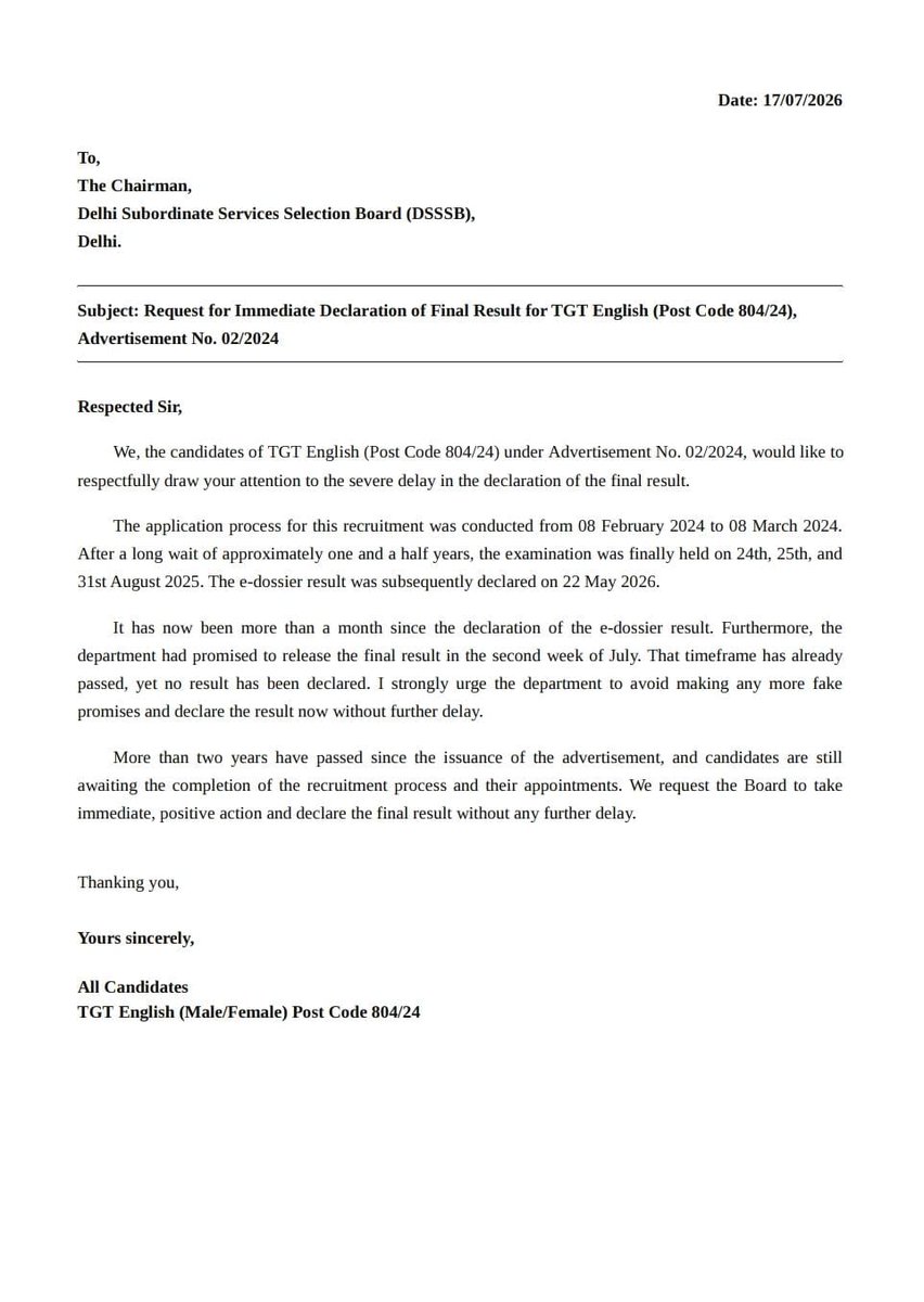 ADITYARATH9r's tweet photo. @dsssbofficial committed to uploading the Final  Result for TGT English (Post Code 804/24) by the second week of July. That deadline has passed, and candidates are  left in the dark. Please release the final result immediately! @LtGovDelhi @LokNiwasDelhi
#dsssbtgtenglishresult https://t.co/BcSDzt02fg