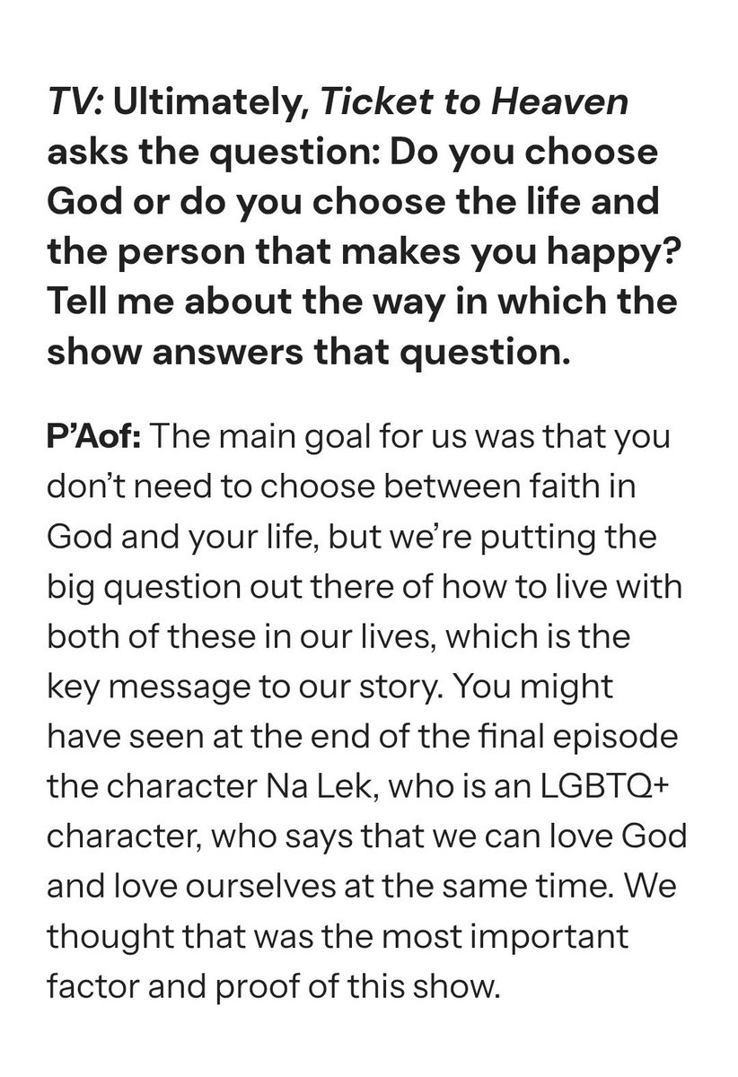 GemFourthTeam's tweet photo. 💬: Ultimately, Ticket to Heaven asks the question: Do you choose God or do you choose the life and the person that makes you happy? Tell us about the way in which the show answers that question. ⛪️🌈

#TicketToHeaven 
#GeminiFourth #เจมีไนน์โฟร์ท 

— P’Aof: "The main goal for us was that you don’t need to choose between faith in God and your life, but we’re putting the big question out there of how to live with both of these in our lives, which is the key message to our story. You might have seen at the end of the final episode the character Na Lek, who is an LGBTQ+ character, who says that we can love God and love ourselves at the same time. We thought that was the most important factor and proof of this show." 💒🏳️‍🌈