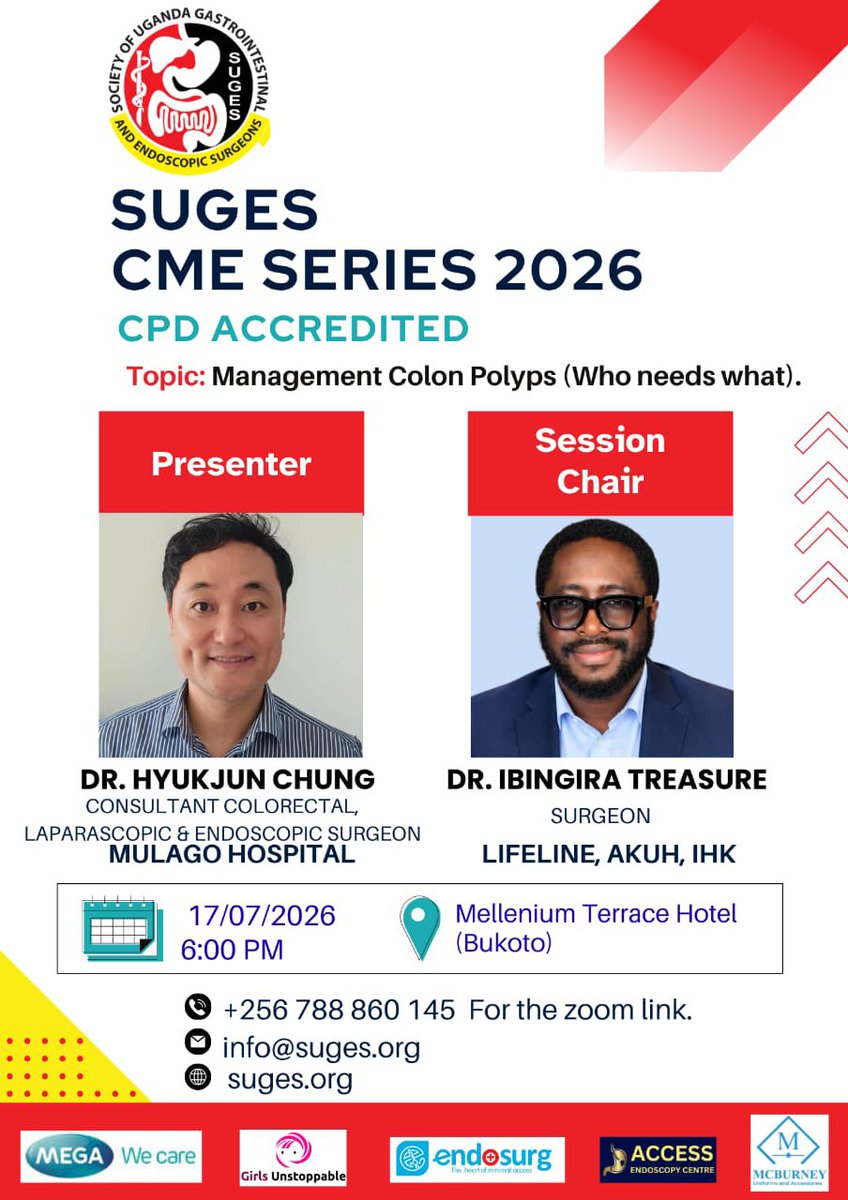 surgery_society's tweet photo. 🔔CME Opportunity TODAY! ‼️

MUSS is honored to be part of the SUGES CME Series 2026 📚

Topic:Management of Colon Polyps

🗣️ Presenter: Dr. Hyukjun Chung (Mulago Hospital)
🪑 Chair: Dr. Ibingira Treasure

📍 Millennium Terrace Hotel, Bukoto 

#MUSS #SUGES https://t.co/OGIGm4U0sa