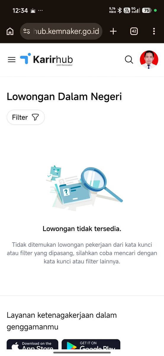 iamiamham's tweet photo. @KemnakerRI Min, ini kenapa enggak bisa nampilin lowongan di Karirhub ya? Sedang error apa gimana? https://t.co/DoysuEqUXs