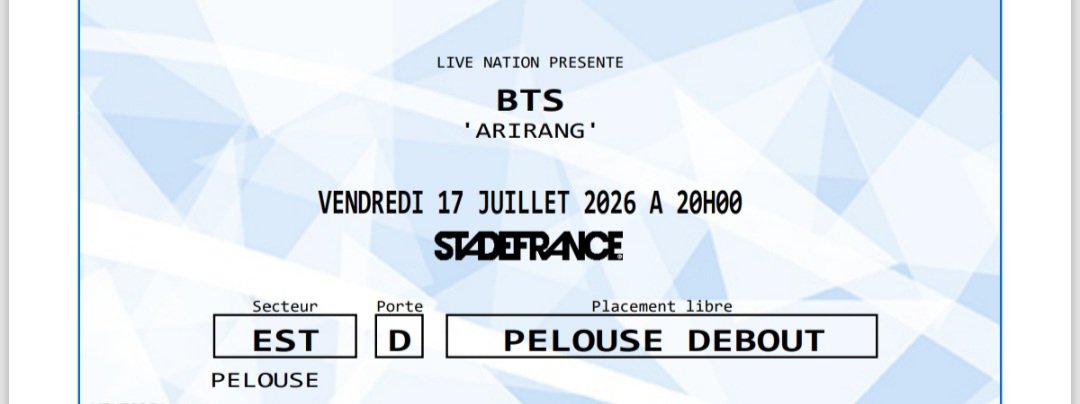 vikoca0101's tweet photo. I have one ticket (Pelouse section) for BTS Paris concert tonight, July 17.
150 € Feel free to DM me if you are interested
#BTS_ARİRANG #BTS #Paris https://t.co/eAIUpbbYmJ