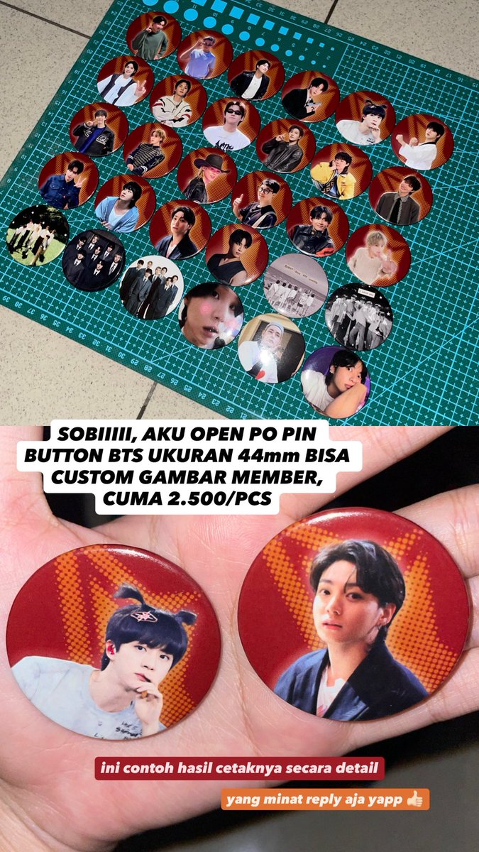 sawiwye's tweet photo. #WTS 
haloo amyy 💜 
aku masih open PO pin BTS ukuran 44mm, harganya only 2.500/pcs (murmer 🤩). kalo penasaran hasil cetaknya bisa lihat difoto yg aku cantumin yap 🫶🏻 

yuk yuk buat ngeramein tas biar makin heboh tasnya 🌟🍎🌟 yang minat boleh komen aja yapp 📁 https://t.co/7FyqOehT5w