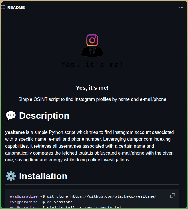 yesitsme은 이름, 이메일 또는 전화번호로 연결된 Instagram 계정을 찾는 Python OSINT 스크립트 대표 이미지