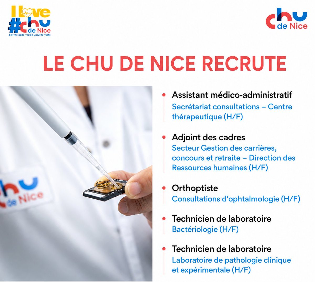 CHUdeNice's tweet photo. [ Le CHU de Nice #recrute - #emploi]
👉 Le Centre Hospitalier Universitaire de Nice (CHU de Nice) recrute 

🙂Rejoignez-nous !
https://t.co/9QC9gxrvQS

#CHU #hopital #sante #Nice #patient #rh #job https://t.co/0c1dAmX2ff