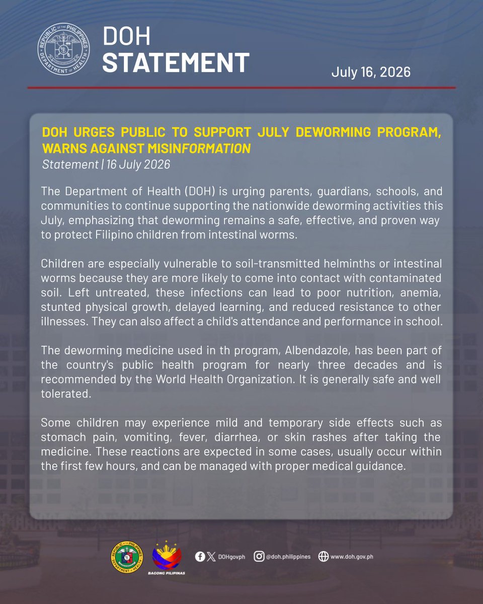 DOHgovph's tweet photo. DOH URGES PUBLIC TO SUPPORT JULY DEWORMING PROGRAM, WARNS AGAINST MISINFORMATION
#DOH
#BagongPilipinas
#PasyenteMuna
#Deworming https://t.co/TUN9UR144x