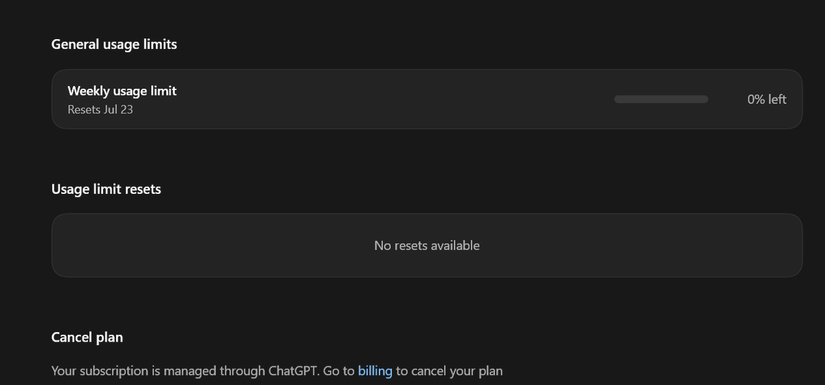 RaiderSting's tweet photo. @thsottiaux Heres my feedback, waiting on the next usage reset haha. Thanks a lot openAI, Ive basically used a pro plan (I got the plus subscription 4 days ago) https://t.co/L1ZtApDGA6