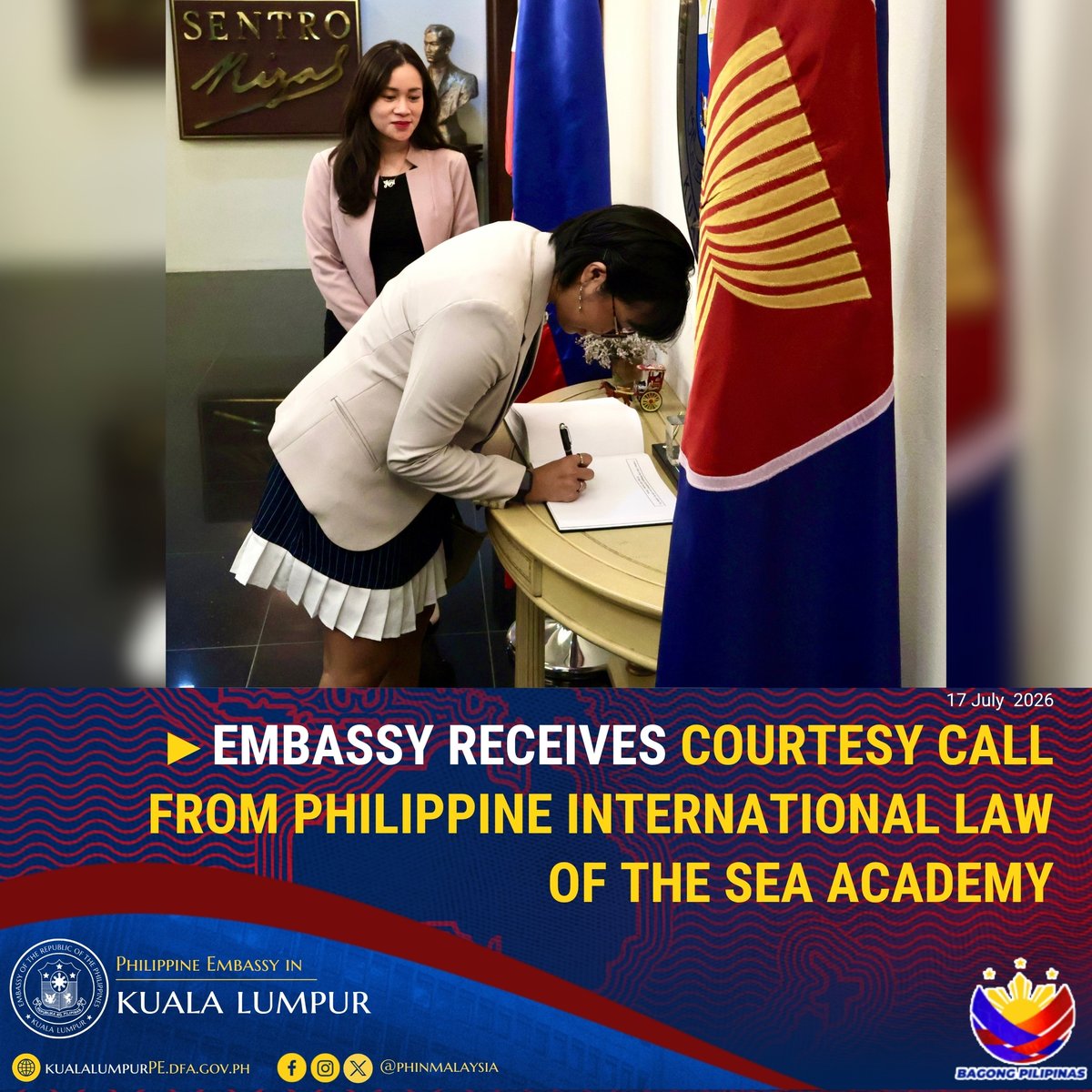 PHinMalaysia's tweet photo. The Philippine Embassy in Kuala Lumpur, represented by Second Secretary and Consul Kara Denise C. Frayco, received a courtesy call from Philippine International Law of the Sea Academy Inc (PHILSEA) Executive Secretary Ms. Brin Raizulli Isaac on 30 June 2026. 

Read the story at 👉https://t.co/7Erx0Gjm1c