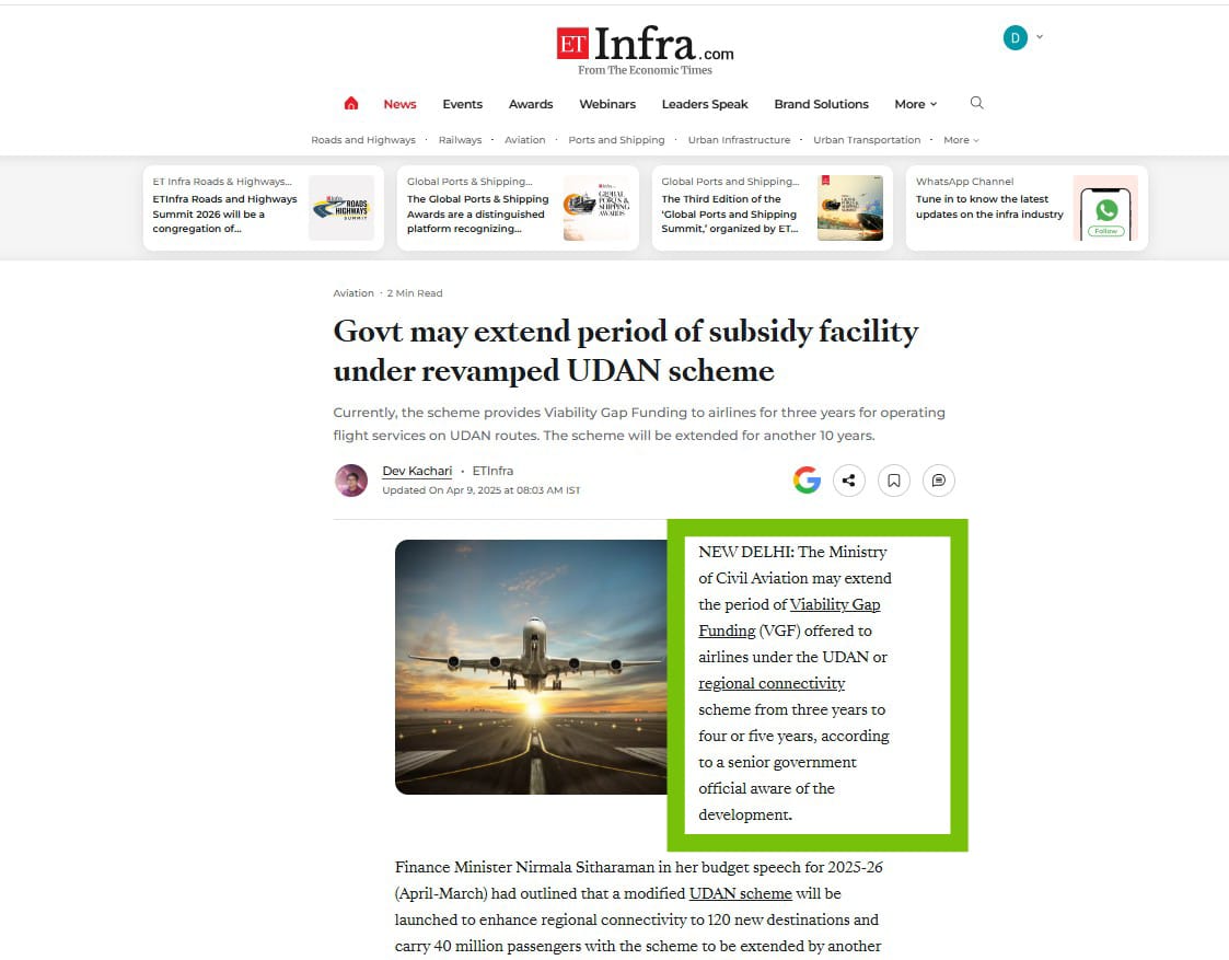 KachariDev's tweet photo. NEWSBREAK: Under the revamped UDAN scheme, the Ministry of Civil Aviation has extended the period of VGF scheme from 3 to 5 years. I broke the story in April last year that the Ministry of Civil Aviation is looking to increase the VGF period up to 5 years. Link below

https://t.co/MmOWbpMJtH

@RamMNK @MoCA_GoI  #civilaviation #udan