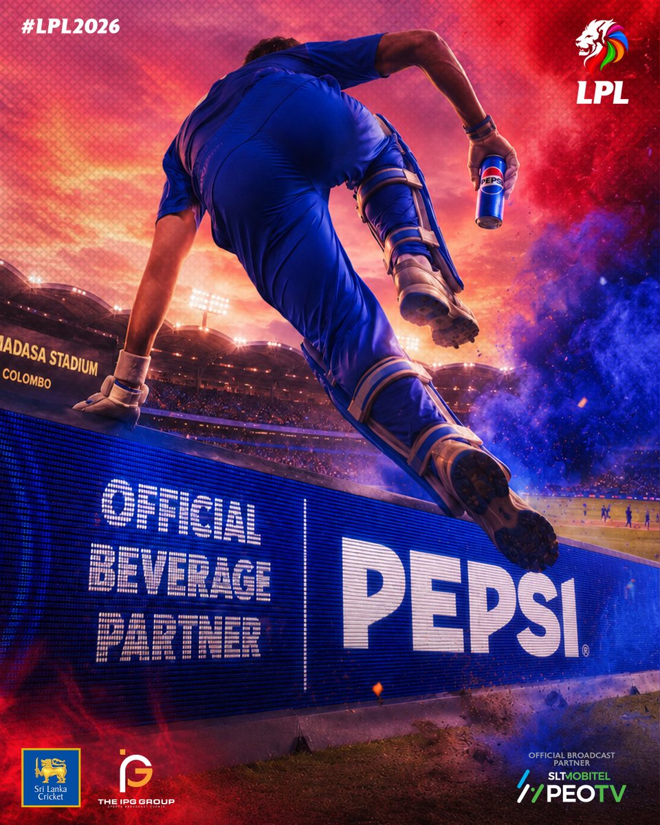 LPLT20's tweet photo. Fueling every roar, every rush, every unforgettable LPL moment.
Pepsi — Official Beverage Partner of LPL 2026.
#LPL2026 #LankaPremierLeague #SriLankaCricket #Pepsi #IPGGroup #FlashSportsandMedia #PEOTV https://t.co/wAqmymUfxz