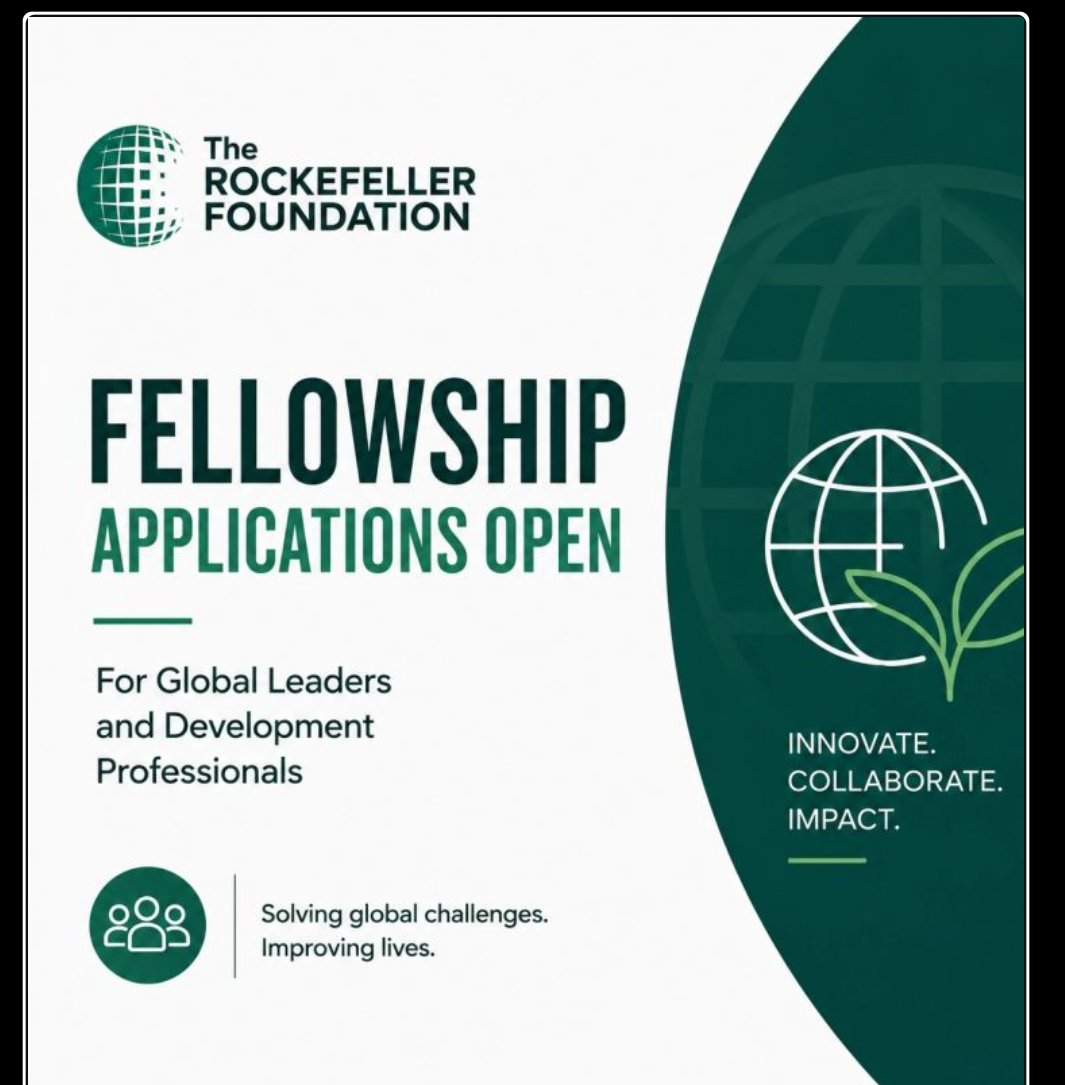 AminuNass's tweet photo. Rockefeller Foundation Fellowship Applications Open for Global Leaders and Development Professionals
https://t.co/OFIuZnGPWN
The The Rockefeller Foundation is accepting applications for its Fellowship Program, offering leadership and professional development opportunities for global changemakers.

✔️ Fellowship opportunities in public health, climate, food systems, economic development, innovation, and social impact
✔️ Open to emerging and experienced leaders, researchers, and development professionals worldwide
✔️ Gain mentorship, networking opportunities, and access to global experts
✔️ Collaborate on innovative solutions to advance sustainable and inclusive development

A prestigious opportunity to strengthen your leadership skills, expand your global network, and drive meaningful impact through the Rockefeller Foundation.

#RockefellerFoundation #Fellowship #Leadership #InternationalDevelopment #SocialImpact #GlobalLeaders #ApplyNow