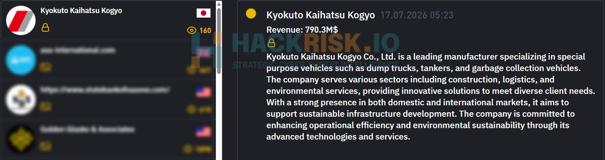 H4ckmanac's tweet photo. 🚨Cyber Alert ‼️

🇯🇵Japan - 𝗞𝘆𝗼𝗸𝘂𝘁𝗼 𝗞𝗮𝗶𝗵𝗮𝘁𝘀𝘂 𝗞𝗼𝗴𝘆𝗼 𝗖𝗼., 𝗟𝘁𝗱.

INC Ransom hacking group claims to have breached Kyokuto Kaihatsu Kogyo Co., Ltd. and allegedly encrypted its systems.

Threat actor: INC Ransom
Sector: Manufacturing
Data exposure (claimed): Not specified
Data type: Not specified
Observed: Jul 17, 2026
Status: Pending verification
ESIX©: 5.41

Full details and impact assessment on https://t.co/eB7qgxKFAa