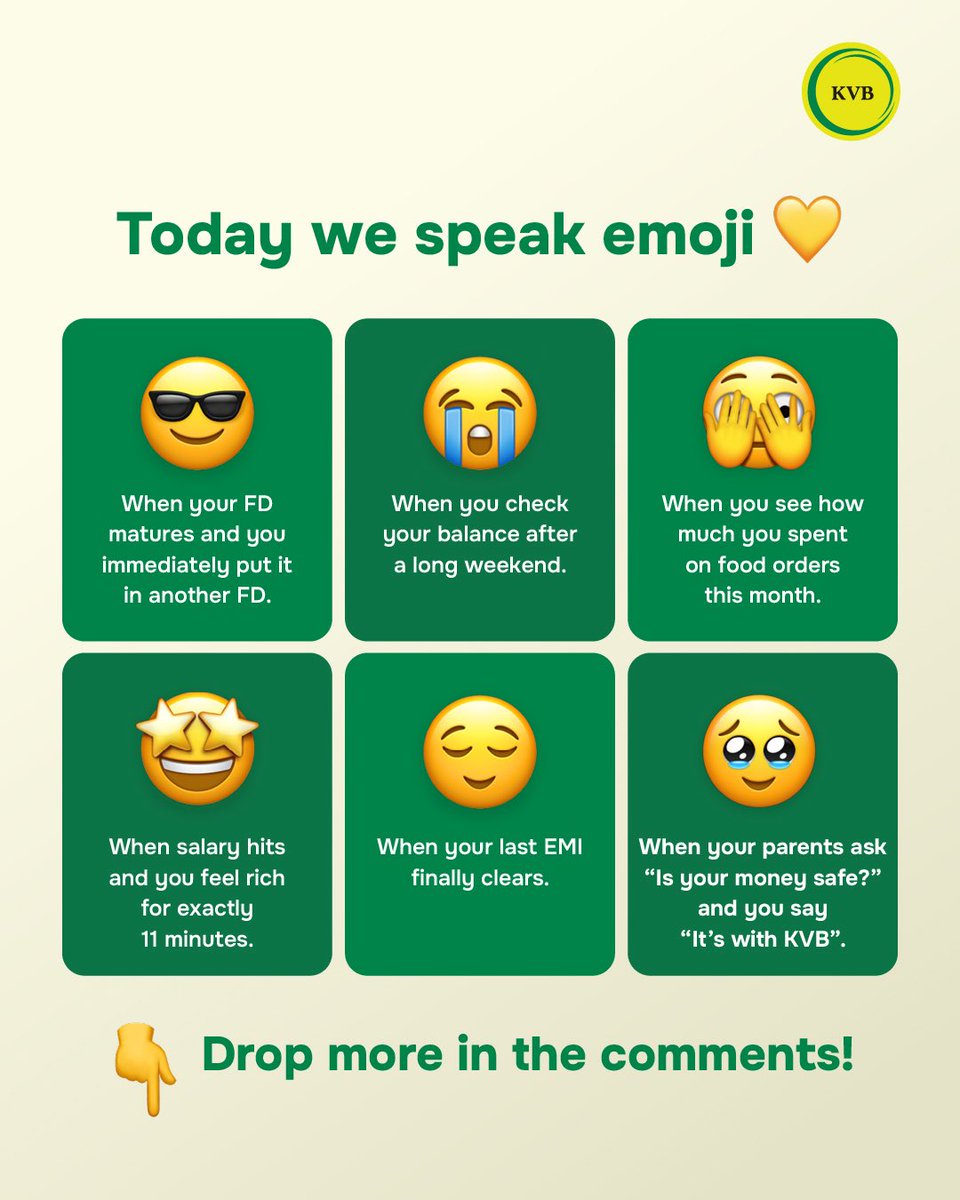 KarurVysyaBank_'s tweet photo. Some money moments don't need words. Just the right emoji.
Now it's your turn! Tell us your most relatable banking or money moment using emojis only. We'll try to guess what it means. 👇
#WorldEmojiDay #KVB #MoneyMoments #BankingWithKVB #KarurVysyaBank https://t.co/B8mwYafsX1