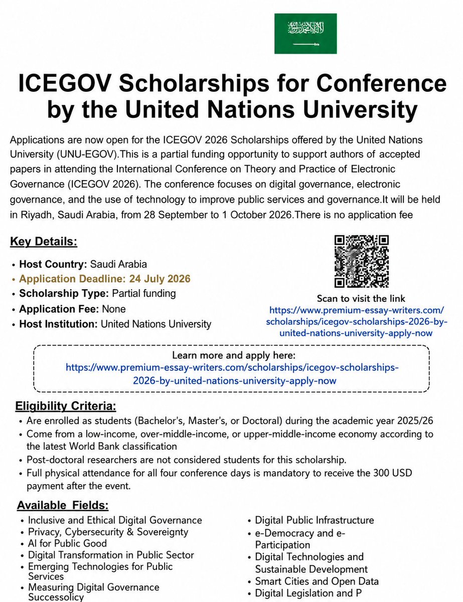 ferdih001's tweet photo. 🌍 ICEGOV 2026 Scholarships by UNU-EGOV are now open!

📍 Riyadh, Saudi Arabia
🗓️ 28 Sept–1 Oct 2026
⏰ Deadline: 24 July 2026

✅ Free registration
💵 $300 grant
🎤 Present your research
🤝 Global networking

🔗 https://t.co/26c3RhXyLD https://t.co/z7OLvvUFKy