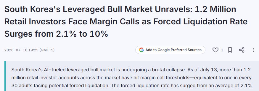 khimasiapunit's tweet photo. #SouthKorea

1.2 Million Retail Traders received margin calls this week, which is 3.4% of South Korea's entire adult population https://t.co/ZhRMkEWZ90