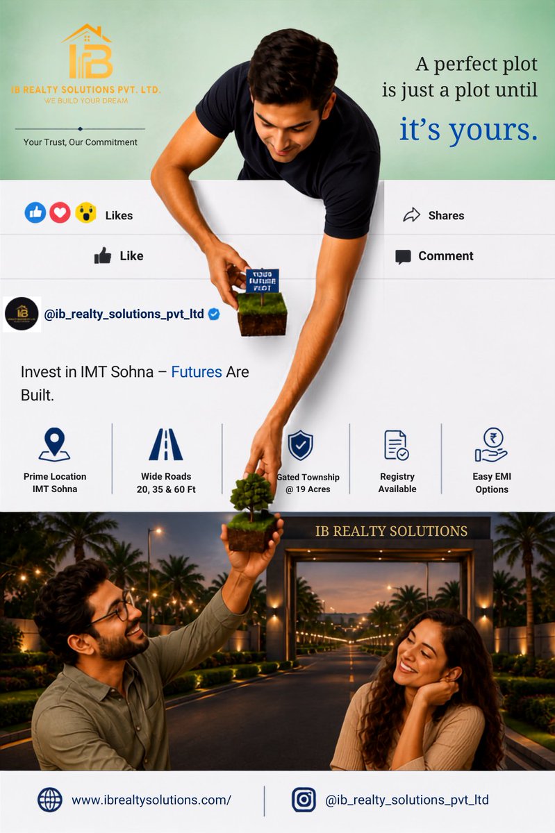 IB_Realty's tweet photo. 🏡A perfect plot is just a plot until it's yours.
Har badi investment ek chhote se decision se shuru hoti hai
IMT Sohna – The Future of Smart Investment*
 Prime Location
19 Acre Premium Gated Township
 ₹14,000/Gaj se shuruaat
 40% Payment par Instant Possession
 2 Years Easy EMI https://t.co/VFltivmzy9