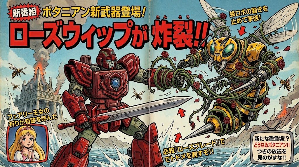 ks0lti's tweet photo. また存在しない思い出を
作ってしまった。

昔の児童向けテレビ雑誌に
掲載されていそうな、
『変幻開花 ボタニアン』

「ボタニアン新武器登場!」

この続き、読んだ記憶ありませんか？

#AI創作
#架空アニメ
#昭和アニメ https://t.co/T1JETls1cb
