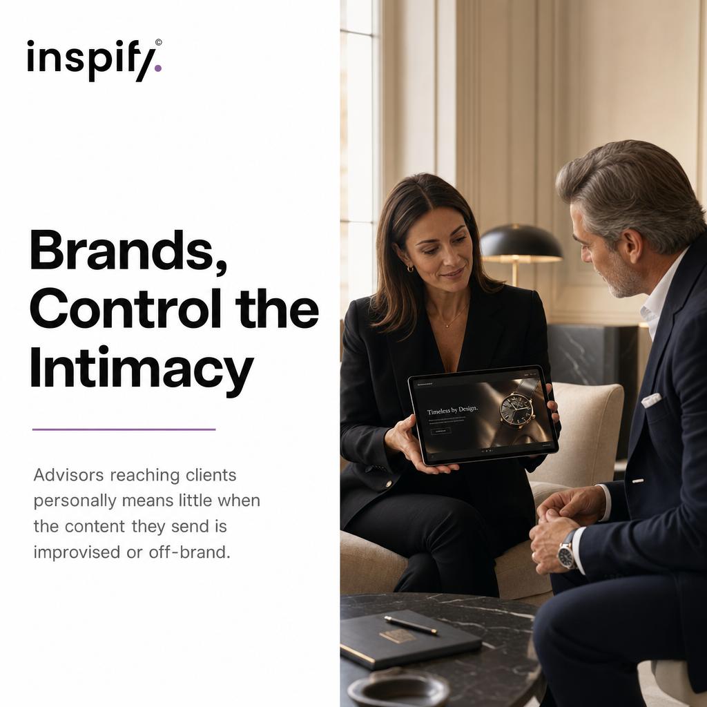 inspifyme's tweet photo. Brands, control the intimacy. If your advisors are reaching clients personally but the content they send is improvised or off-brand, the relationship standard breaks exactly where it matters most. Does your clienteling content actually hold the brand standard at scale? https://t.co/oIpmLqX5Mn