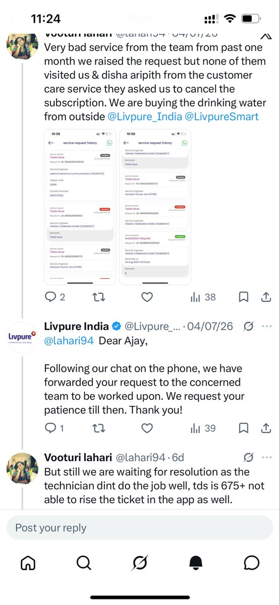 lahari94's tweet photo. @Livpure_India @LivpureSmart still none of your technician has came, one of the fraud companies we have ever came across. Plz cancel our subscription and take the machine and go. https://t.co/XnTeoFyv73