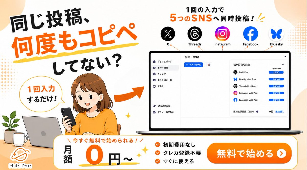 MultiPost_fs's tweet photo. 「同じ投稿を全部のSNSに更新するの面倒…」
結局1つしか運用できてない…

そんな方へ朗報です！

1回の入力で5つのSNSに同時投稿が可能！
完全無料です👇