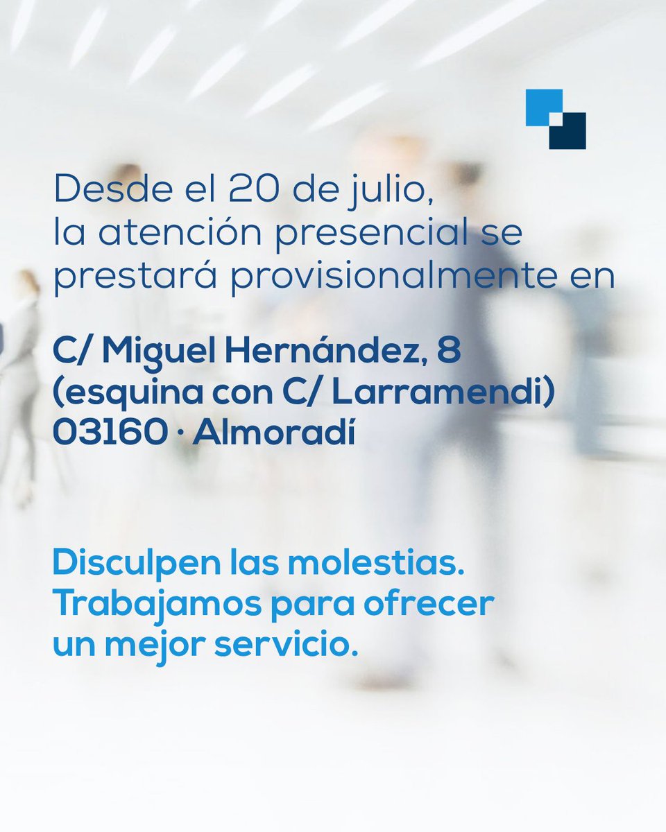 SumaAlicante's tweet photo. La oficina de Suma en #Almoradí se traslada temporalmente con motivo de las obras de remodelación de sus instalaciones.

📍 La atención presencial se prestará provisionalmente en C/ Miguel Hernández, 8 (esquina con C/ Larramendi).

#SumaMásCercaDeTi https://t.co/tpOwZbPV8b