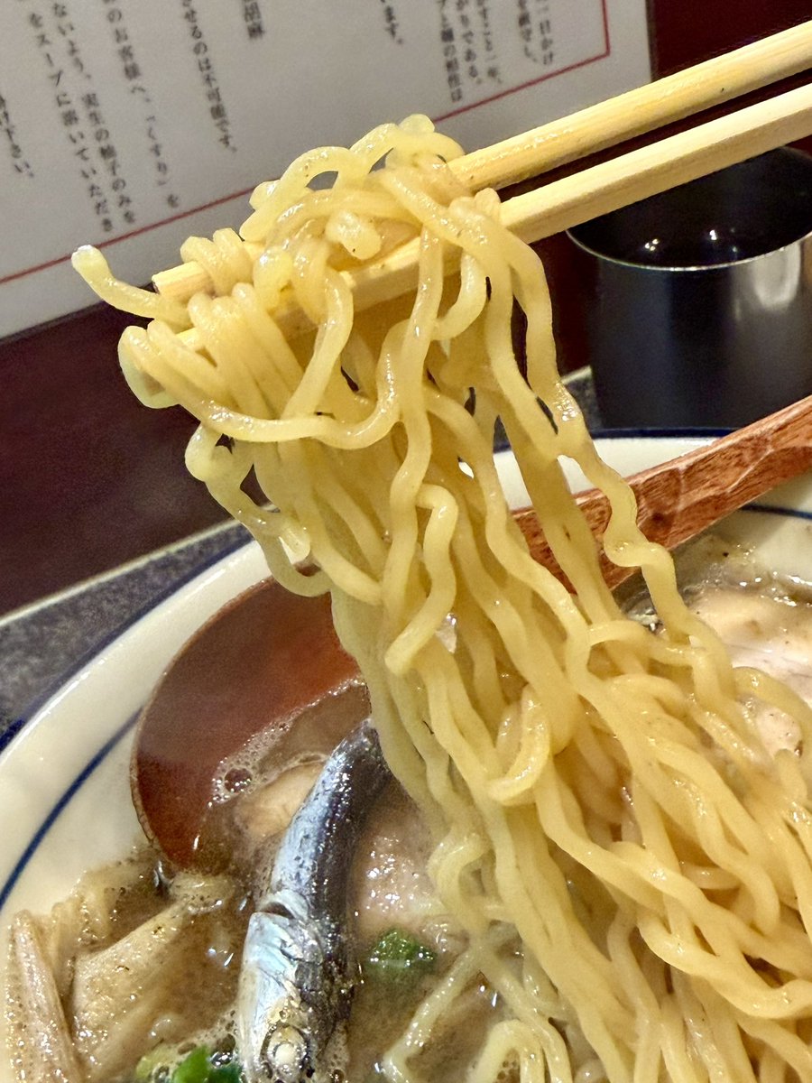 getderby's tweet photo. 【烈志笑魚油 麺香房 三く】

・肉かけ（並）

久しぶりのスープを一口いただくと…美味い♪
煮干しの美味しいとこだけ抽出してエグ味なし。
きっと醤油もええヤツ使ってる。
細めの縮れ麺がスープに合ってるし、肉はゴツいのがいっぱい、ほうれん草、白ネギも良い。玉ねぎはなかったよーな！？ https://t.co/dvYVrmD7ne