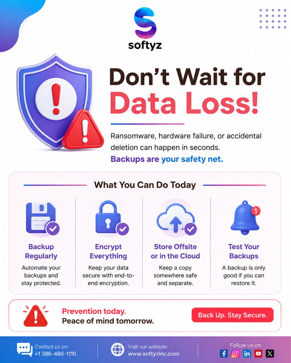 softyzinc's tweet photo. 🚨 Data loss can happen in seconds.

Protect your files by:
✅ Backing up regularly
🔒 Encrypting data
☁️ Keeping an offsite copy
🔄 Testing your backups
Don't wait for disaster to remind you.
🌐 https://t.co/dVui7n4AKD
#CloudBackup #DataBackup #DataProtection #Ransomware https://t.co/ldXDrcFKzF