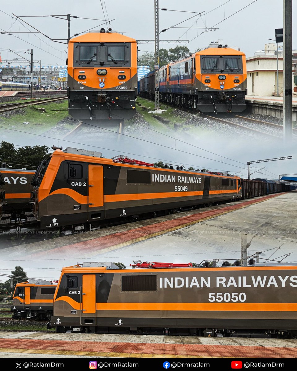 RatlamDRM's tweet photo. Freshly rolled out from the Dahod Rolling Stock Workshop, these D9 Locomotives (55049 55050-55051- 55052) are currently undergoing trials. A proud step forward in our journey toward the target of 1,200 D9 locomotives to further strengthen and streamline Indian Railways' freight operations.

#indianrailways #dahodworkshop #ᴍᴀᴋᴇɪɴɪɴᴅɪᴀ #freightoperations #infrastructure