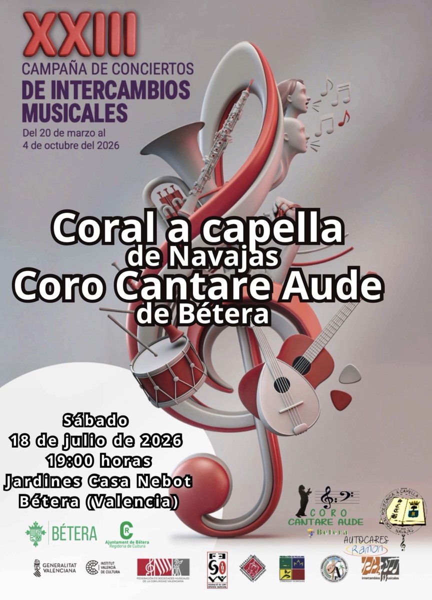 corocantareaude's tweet photo. Os recordamos que mañana sábado, 18 de julio a las 19h, en los Jardines de Casa Nebot de Bétera, dentro del marco de intercambios corales, nuestro Coro Cantare Aude de Bétera y la Coral Polifónica a Capella de Navajas..
 ¡No os lo podéis perder! Os esperamos. https://t.co/NQQObCVGp6