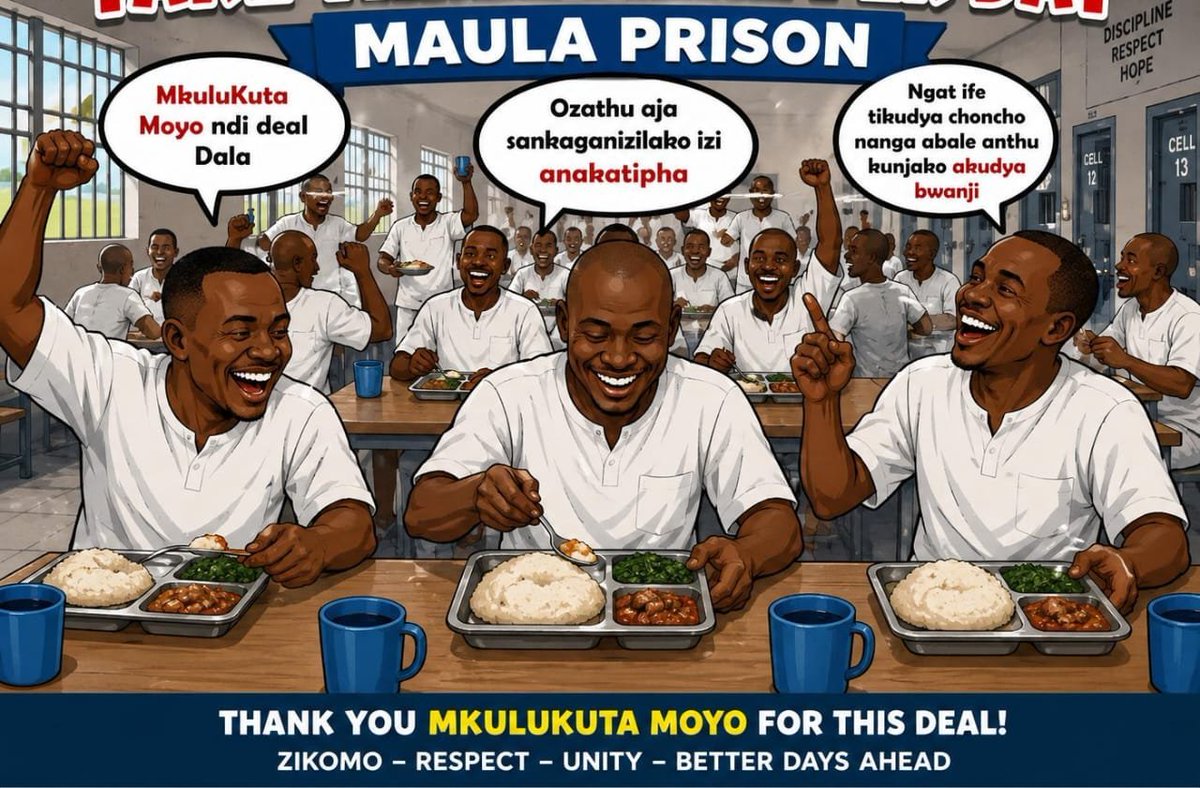 Petermo_Artist's tweet photo. Muthu sadzakhala ndimoyo ndi chakudya chokha koma kudya katatu ndikofunika lero akaidi amndende zamalawi akusimba lokoma pasi pa utsogoleri wa Professor Arthur Peter mutharika aka mkulukuta Moyo pomwe madyedwe asitha https://t.co/Tn5FBsOYIJ
