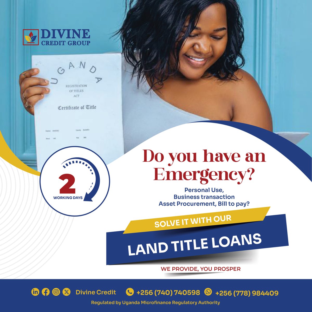 Divine_Credit's tweet photo. Use your land title to acquire money through our #LandTitleLoan, our rates remain competitive for you to access financing up to UGX 30M, 
Whatsapp on 0778984409 | 0766169191
Visit our offices;
Wandegeya Namuswa plaza 4th floor  
Kireka Mirembe plaza 1st floor
#WeProvideYouProsper https://t.co/pay2nQ9uim