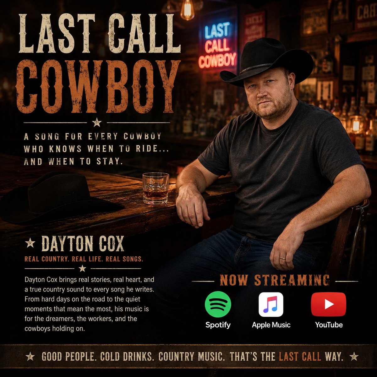 DaytonCox's tweet photo. Last Call Cowboy is for everyone who's ever stayed a little longer, loved a little harder, and kept riding no matter what life threw their way.

If you're a fan of real country music and honest storytelling, give it a listen.
#DaytonCox #LastCallCowboy 

https://t.co/0igulPL5Db https://t.co/0DwvGLaRwW