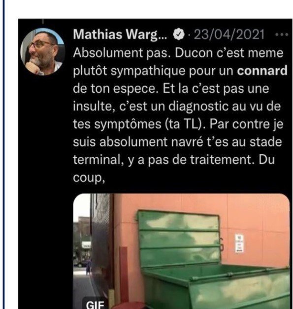 NathanTorgmant's tweet photo. @wargonm @wargonm atteint d'amnésie aiguë profonde vous étiez une vermine dans ce tweet et non pas un médecin 
Cessez de prendre  les gens pour des  CONS 
Nous ne sommes pas amnésiques et on sortira vos tweets infâmes 
Les archives de Twitter sont impitoyables https://t.co/PZ4prrpk2r