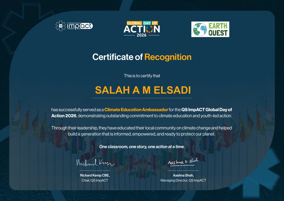 BluefilterC's tweet photo. Honored to be recognized as a QS ImpACT Climate Education Ambassador 2026. Grateful for the opportunity to contribute to climate education, sustainability, and youth empowerment. This recognition inspires me to keep turning innovation into real impact. 🌍💧 https://t.co/M5tEeECRvn
