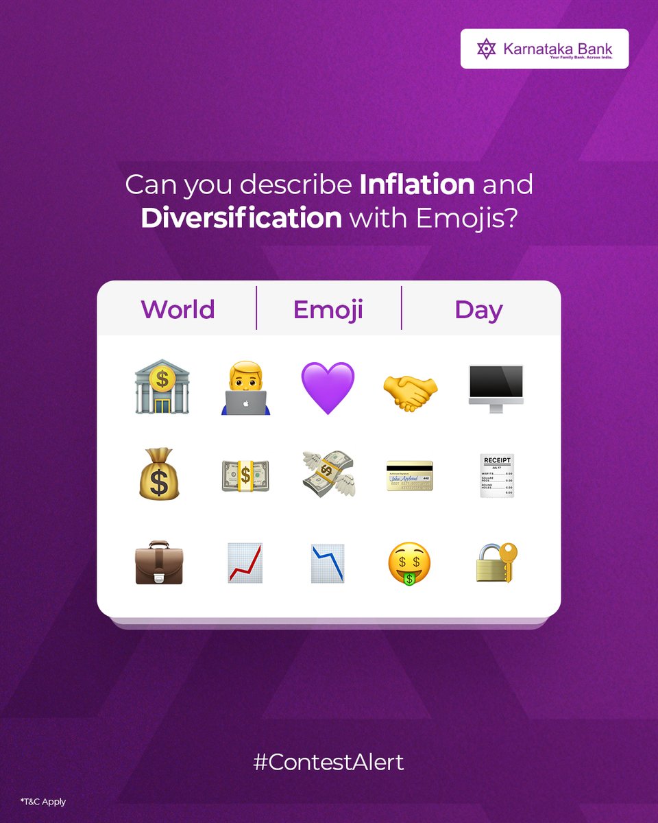 KarnatakaBank's tweet photo. In Honor of World Emoji Day, describe these financial terms with Emojis! One lucky commenter stands a chance to take home an exciting prize! Drop your answers in the comments below.

#KarnatakaBank #WorldEmojiDay #ContestAlert https://t.co/P6lhpxE8oO