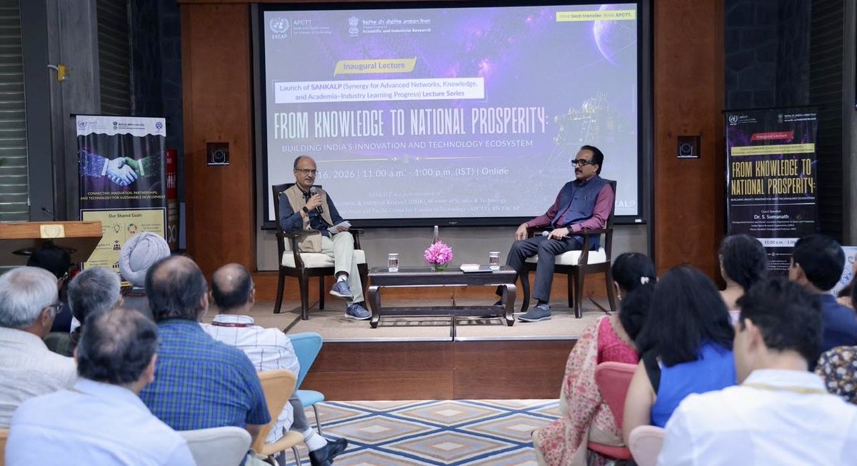 SomanathSpeak's tweet photo. Honoured to deliver the inaugural lecture of the SANKALP Series, jointly organised by DSIR and APCTT, and hosted by the UN Centre, with participants from 33 member countries joining online.

I spoke on “From Knowledge to National Prosperity: Building India’s Innovation and Technology Ecosystem”, followed by a fireside chat with author Sri Dinesh C. Sharma and an engaging Q&A session. The discussion reinforced the importance of transforming knowledge into innovation, innovation into enterprise, and enterprise into national prosperity. #SANKALP #DSIR #UN #APCTT
#SomanathSpeak