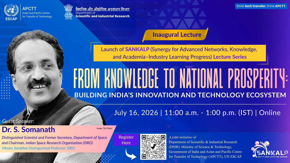 SomanathSpeak's tweet photo. Honoured to deliver the inaugural lecture of the SANKALP Series, jointly organised by DSIR and APCTT, and hosted by the UN Centre, with participants from 33 member countries joining online.

I spoke on “From Knowledge to National Prosperity: Building India’s Innovation and Technology Ecosystem”, followed by a fireside chat with author Sri Dinesh C. Sharma and an engaging Q&A session. The discussion reinforced the importance of transforming knowledge into innovation, innovation into enterprise, and enterprise into national prosperity. #SANKALP #DSIR #UN #APCTT
#SomanathSpeak