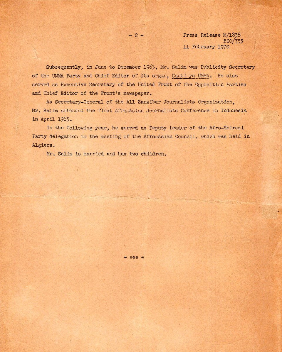 DrSalimArchive's tweet photo. A young Tanzanian diplomat walked into the United Nations and handed a piece of paper to the Secretary-General.

Presenting credentials - the formal ritual by which a country's new representative announces themselves to the world body. Dignified. Procedural. Unremarkable.

U Thant, the Secretary-General, received the document from Dr. Salim Ahmed Salim, 28 years old, Tanzania's new Permanent Representative. He shook his hand. The ceremony lasted minutes.

No one in that room knew what was about to begin.

Within two years, this same man would lead the campaign that seated China at the UN - triggering celebrations on the General Assembly floor that scandalized the West.

Within a decade, he would preside over the entire United Nations General Assembly as its President.

By 1981, every African nation would stand unanimously behind him as their candidate for Secretary-General - the very office of the man who had just received his papers.

Every great story has a Day One.

This was his.