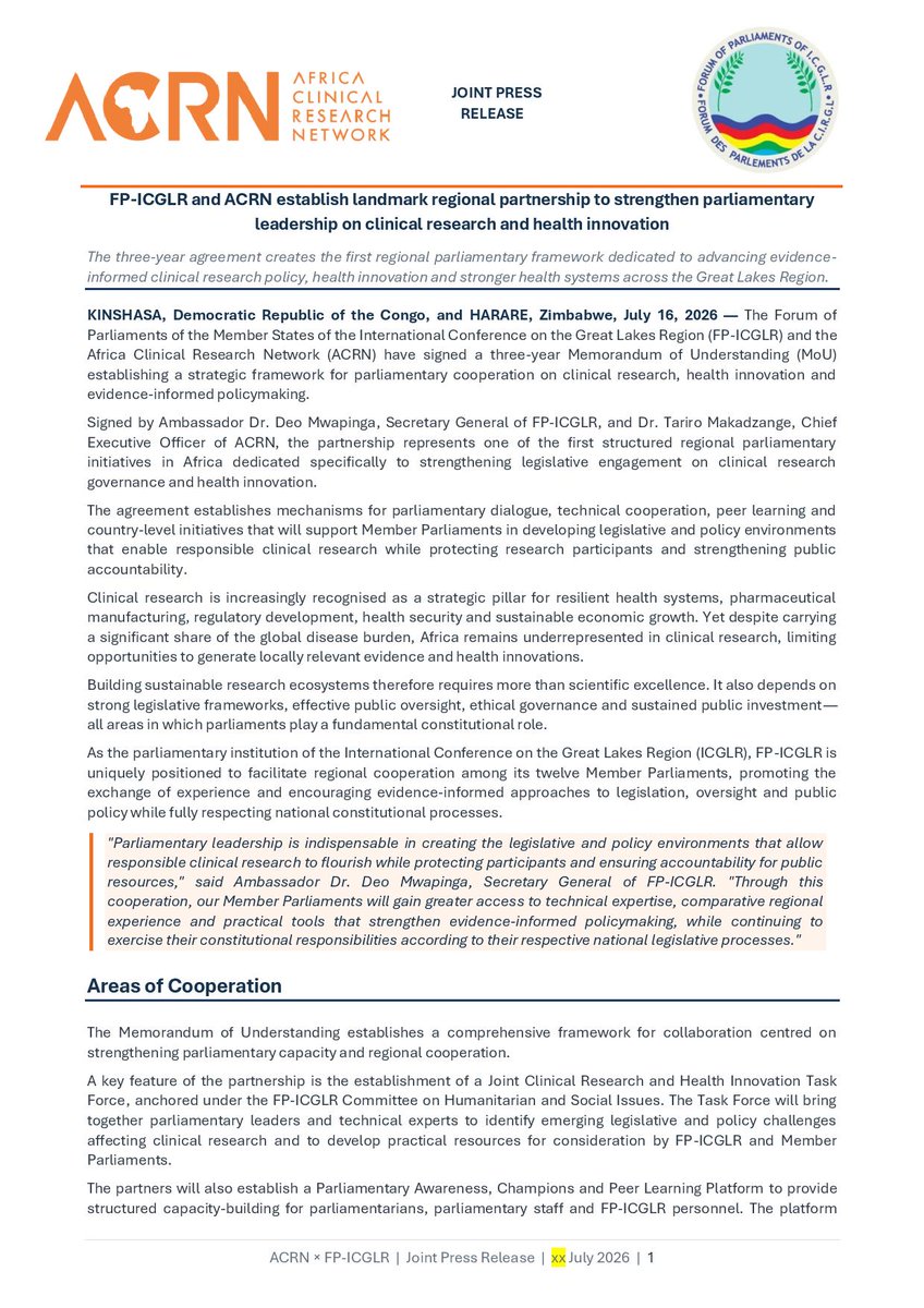 FPCIRGL's tweet photo. FP-ICGLR and ACRN establish landmark regional partnership to strengthen parliamentary leadership on clinical research and health innovation https://t.co/PDfGmUryOC