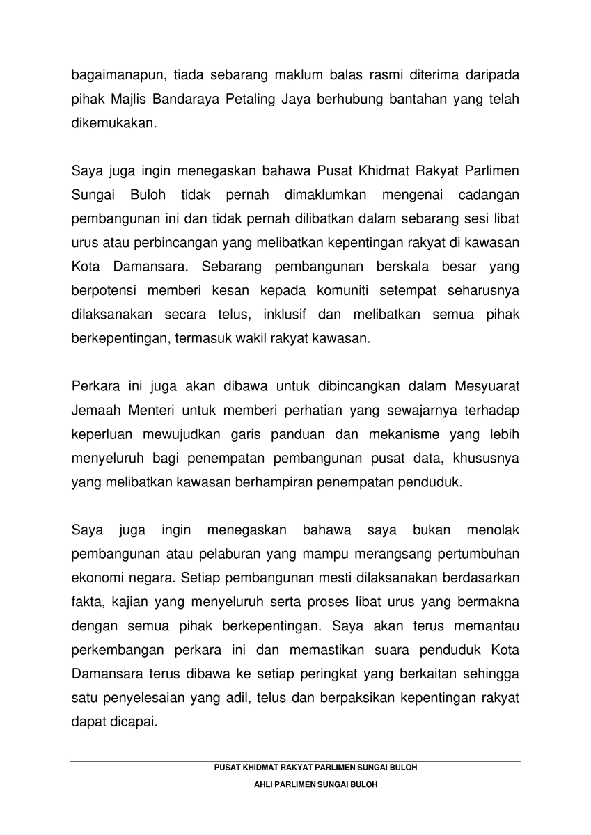 datoramanan's tweet photo. Pembangunan mesti mengutamakan rakyat, bukan sekadar pembangunan.  

Saya telah mengemukakan bantahan rasmi terhadap cadangan pembinaan pusat data di kawasan perumahan Kota Damansara dan akan membawa isu ini ke Mesyuarat Jemaah Menteri. 

Suara penduduk mesti didengar dan setiap pembangunan perlu melalui proses libat urus yang telus.  

#SungaiBulohPrihatin #KotaDamansara #PusatData