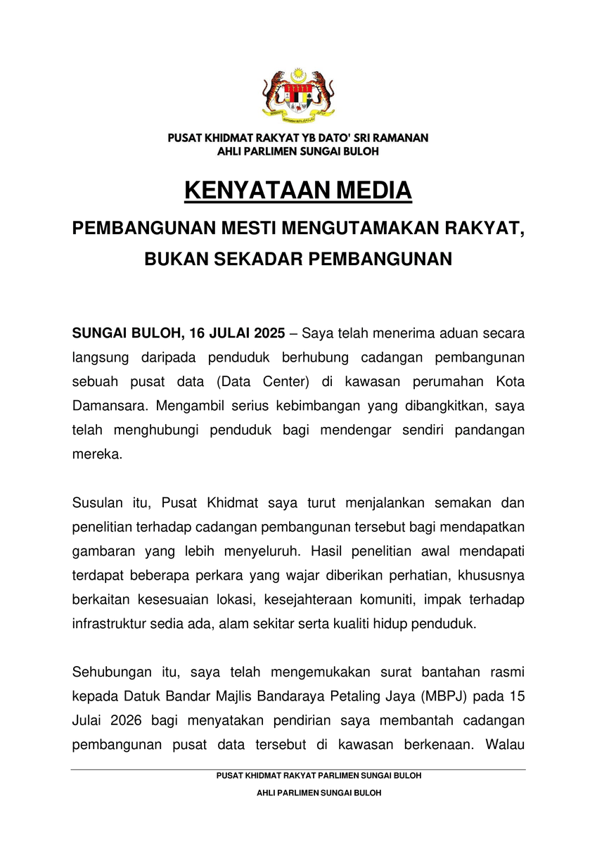 datoramanan's tweet photo. Pembangunan mesti mengutamakan rakyat, bukan sekadar pembangunan.  

Saya telah mengemukakan bantahan rasmi terhadap cadangan pembinaan pusat data di kawasan perumahan Kota Damansara dan akan membawa isu ini ke Mesyuarat Jemaah Menteri. 

Suara penduduk mesti didengar dan setiap pembangunan perlu melalui proses libat urus yang telus.  

#SungaiBulohPrihatin #KotaDamansara #PusatData