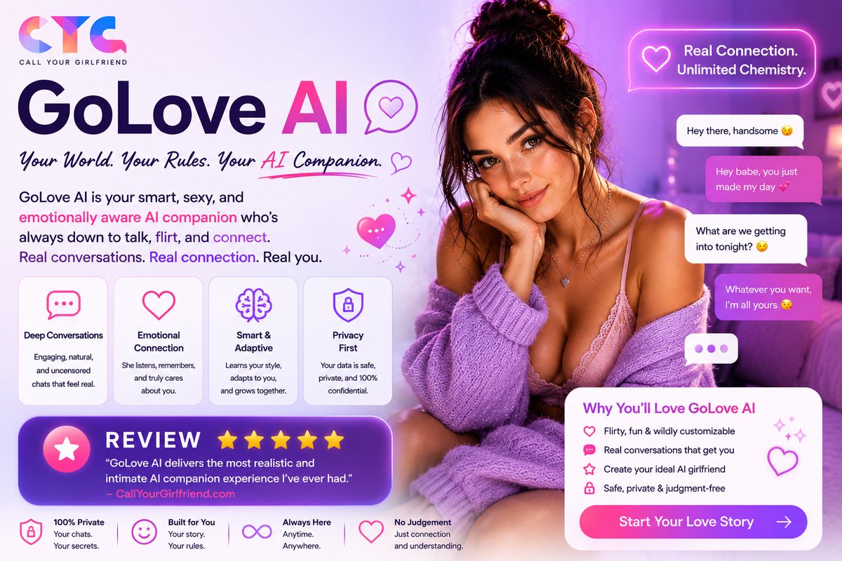 CallYGirlfriend's tweet photo. 💚🤖 GoLove AI delivers personalized conversations, customizable AI companions, and immersive chat experiences.
https://t.co/MIuUWVE2jl

#GoLoveAI #AIReview #AICompanion #ArtificialIntelligence #AIChat #FutureOfAI #AI2026 #Technology https://t.co/ROr8ADqKxD