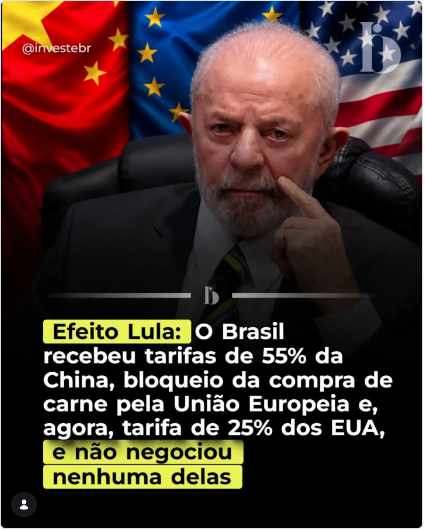 LunaBambam74's tweet photo. O Brasil vive um momento de forte pressão no comércio internacional. Nos últimos meses, o país passou a enfrentar uma série de barreiras impostas por importantes parceiros comerciais, levantando preocupações sobre os impactos na economia e nas exportações brasileiras.

Entre os desafios citados estão as tarifas aplicadas pela China a determinados produtos, restrições da União Europeia relacionadas à importação de alguns produtos brasileiros e a tarifa de 25% anunciada pelos Estados Unidos sobre determinadas exportações do Brasil.

As medidas ocorrem em um período de desgaste nas relações diplomáticas entre o Desgoverno Lula e alguns parceiros internacionais. Críticos afirmam que o cenário pode reduzir a competitividade dos produtos brasileiros no exterior e afetar setores importantes da economia, enquanto o governo sustenta que continuará negociando para defender os interesses do país e ampliar mercados.

Nas redes sociais, o tema gerou intenso debate. Parte dos internautas atribui as dificuldades à política externa do Desgoverno Lula, enquanto outros defendem que cada medida possui motivações distintas e que as negociações internacionais ainda podem alterar esse cenário.

Esse conjunto de acontecimentos reacendeu a discussão sobre os rumos da política externa brasileira e seus possíveis reflexos sobre a economia, o agronegócio e a indústria nacional.