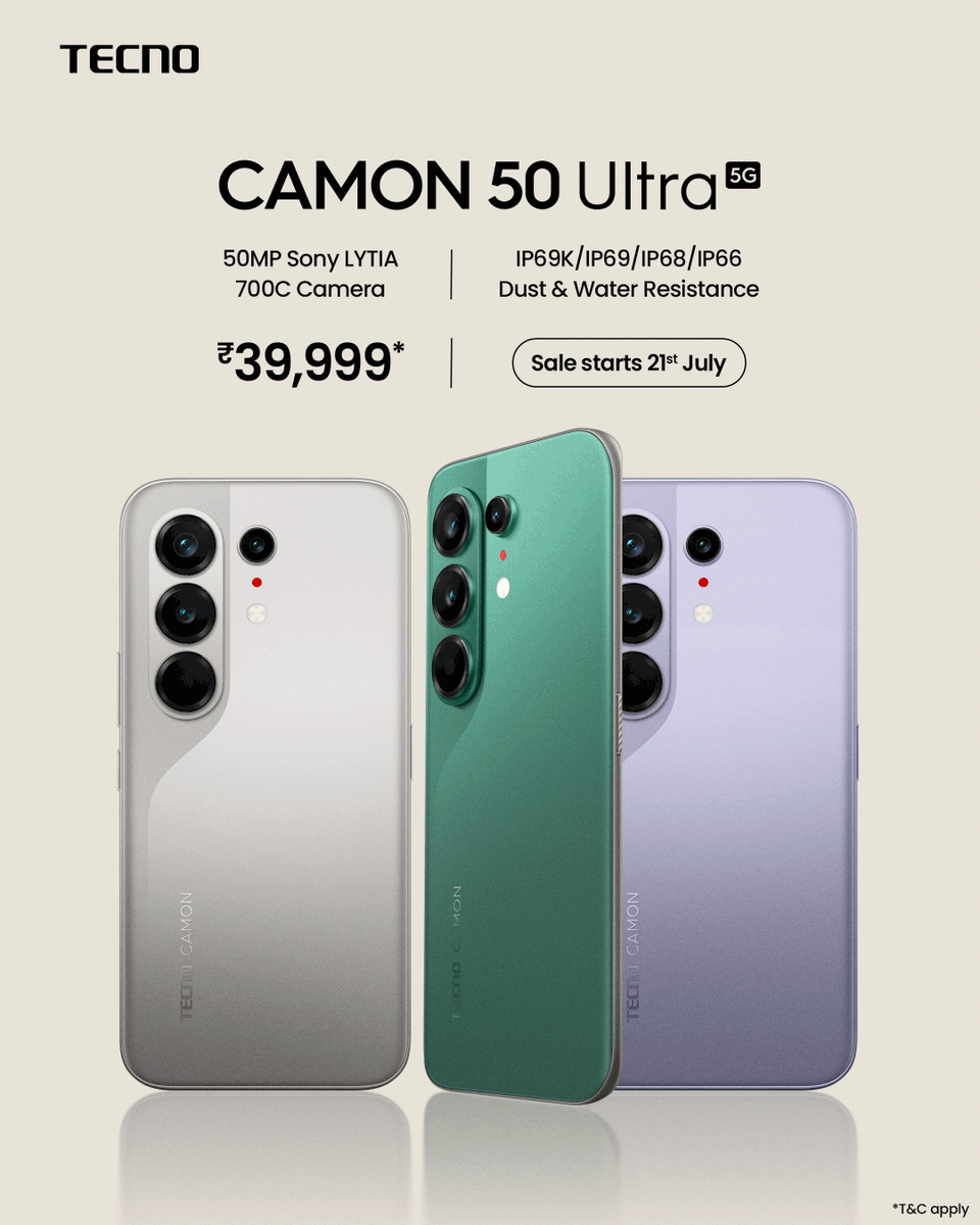 TecnoMobileInd's tweet photo. The BIG day is here 😁

Meet CAMON 50 Ultra 5G. Pick yours from three unique shades!

Featuring:
📸 50MP Sony LYTIA 700C Camera
🔍 50MP 3X Optical Zoom + 8MP Ultra Wide and Macro
📱 6.78-inch 1.5K 144Hz Pro XDR Curved AMOLED Display
💪 6500mAh Battery
⚡ 45W Fast Charge

Introductory offer, valid for 21st and 22nd July only:
💰 ₹3,000 launch coupon
🏷️ Effective price: ₹36,999*
💳 No-cost EMI for 6 months

Sale starts 21st July, 12 Noon. Only on Amazon India.

Learn more 👉 https://t.co/uZb6GCmZCd

*T&Cs apply.

#TECNOMobile | #CAMON50Ultra5G